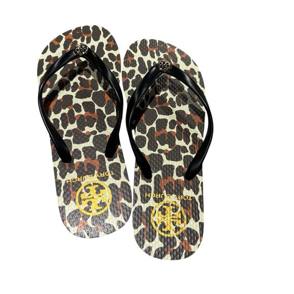 Tory Burch Thin Flip Flop Sandals Animal Leopard PVC/EVA Gold Logo Sz 7 NWOT - Picture 5 of 8